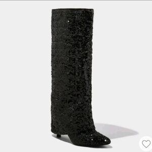 Women's Abba Sequin Foldover Heeled Boots - A New Day Black 7